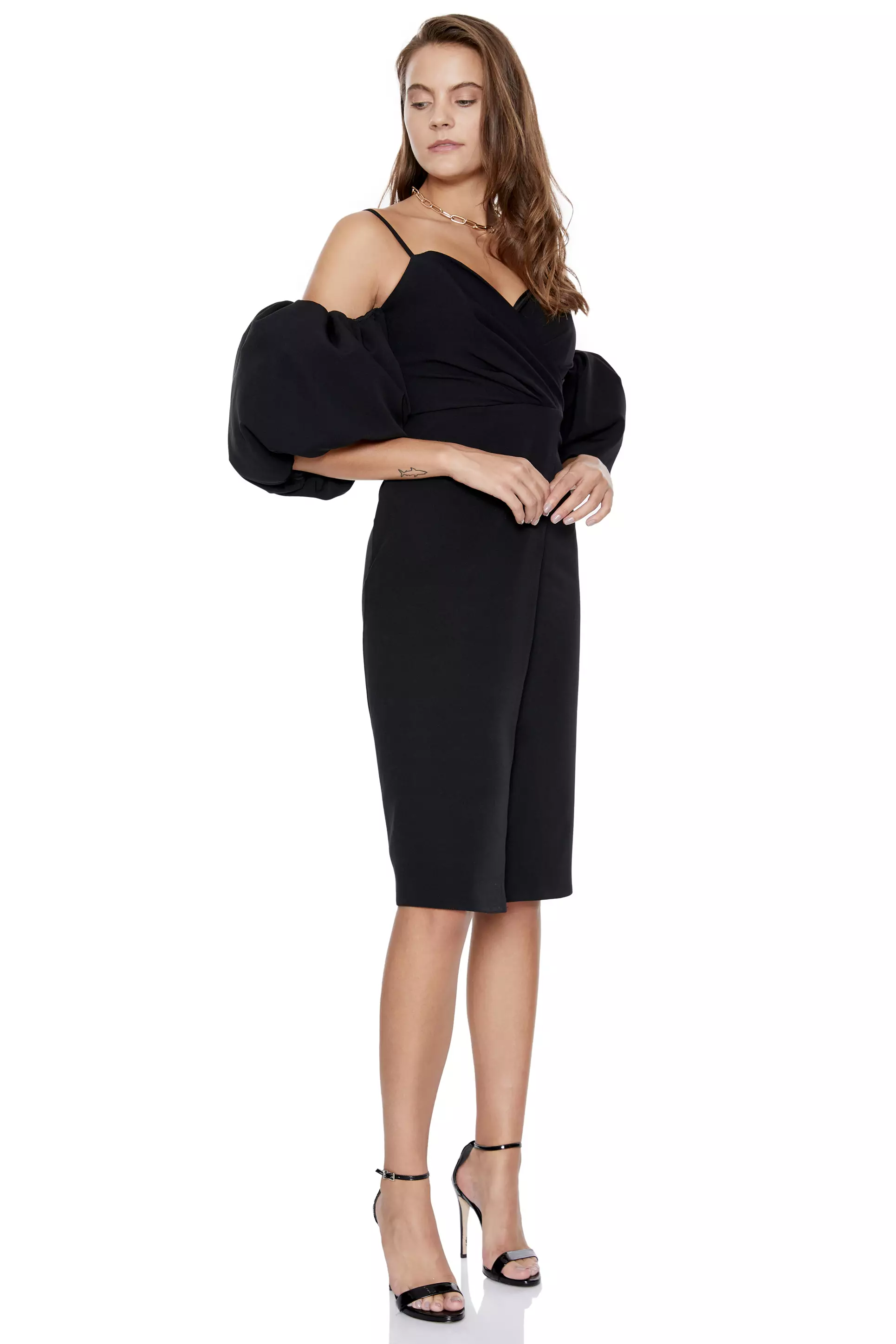 Black crepe short sleeve midi dress