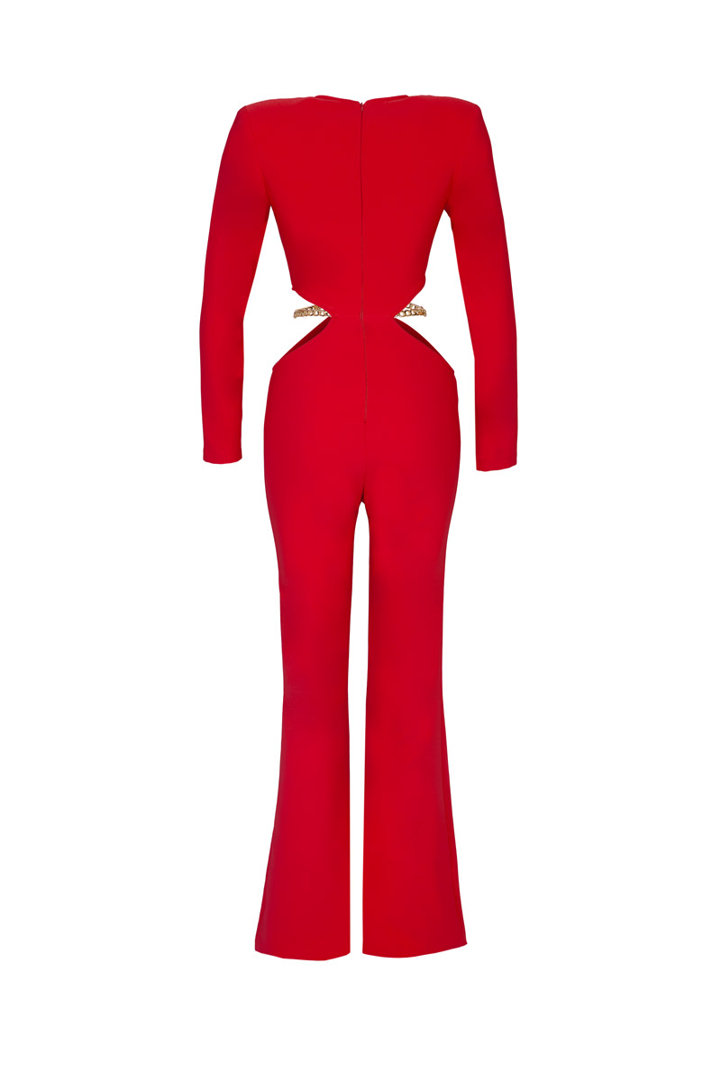 Red knitted long sleeve maxi suit