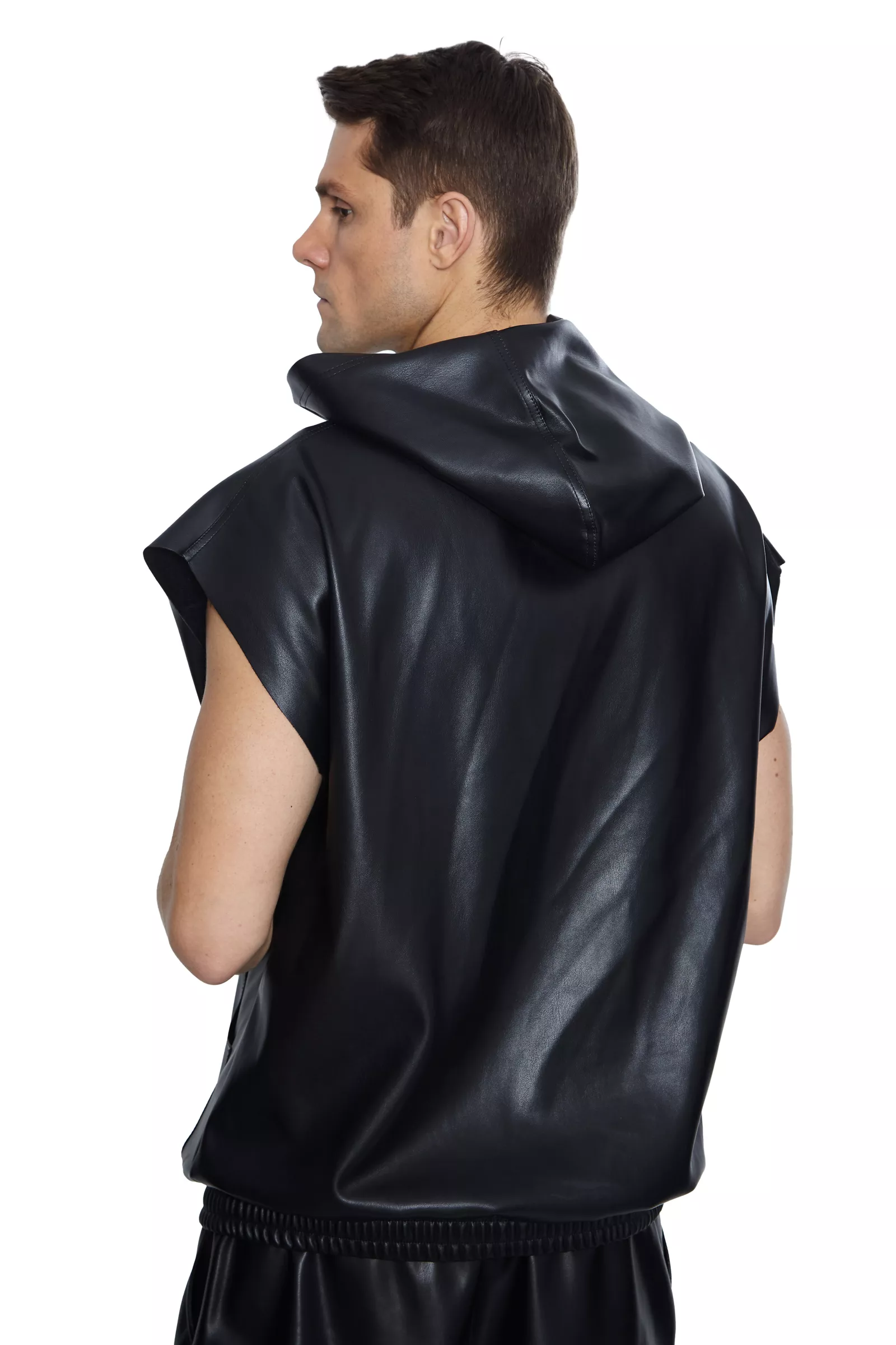 Black Leather Sleeveless Sweatshirt